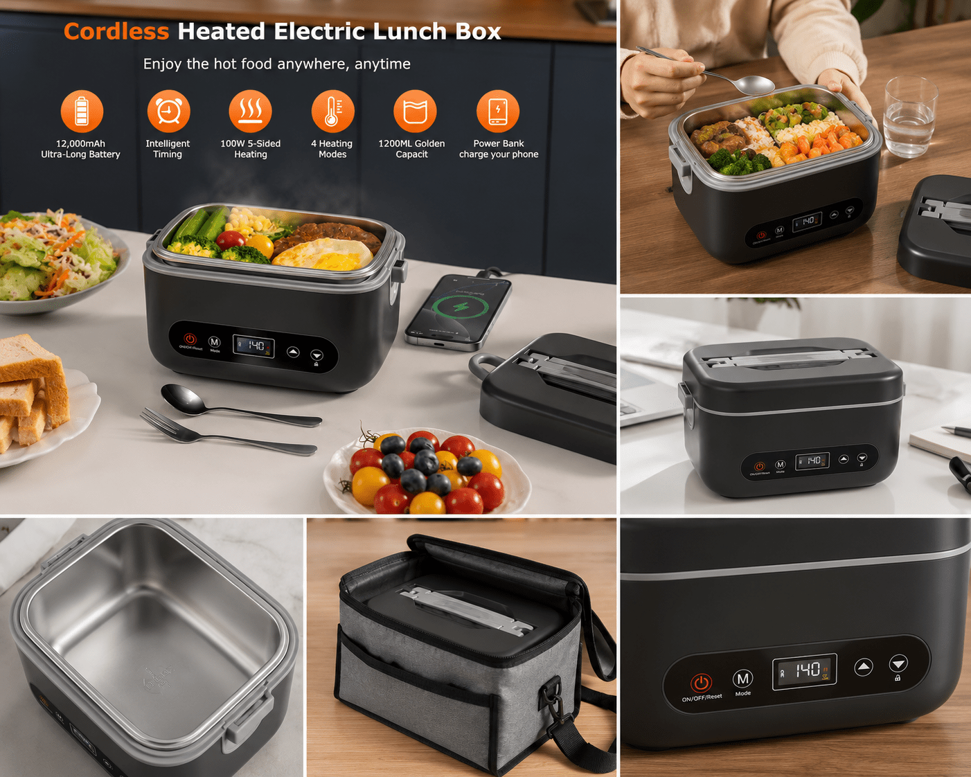 Cordless Heated Lunch Box - 1.2L Portable Food Warmer with Rechargeable Battery - CL Goodz