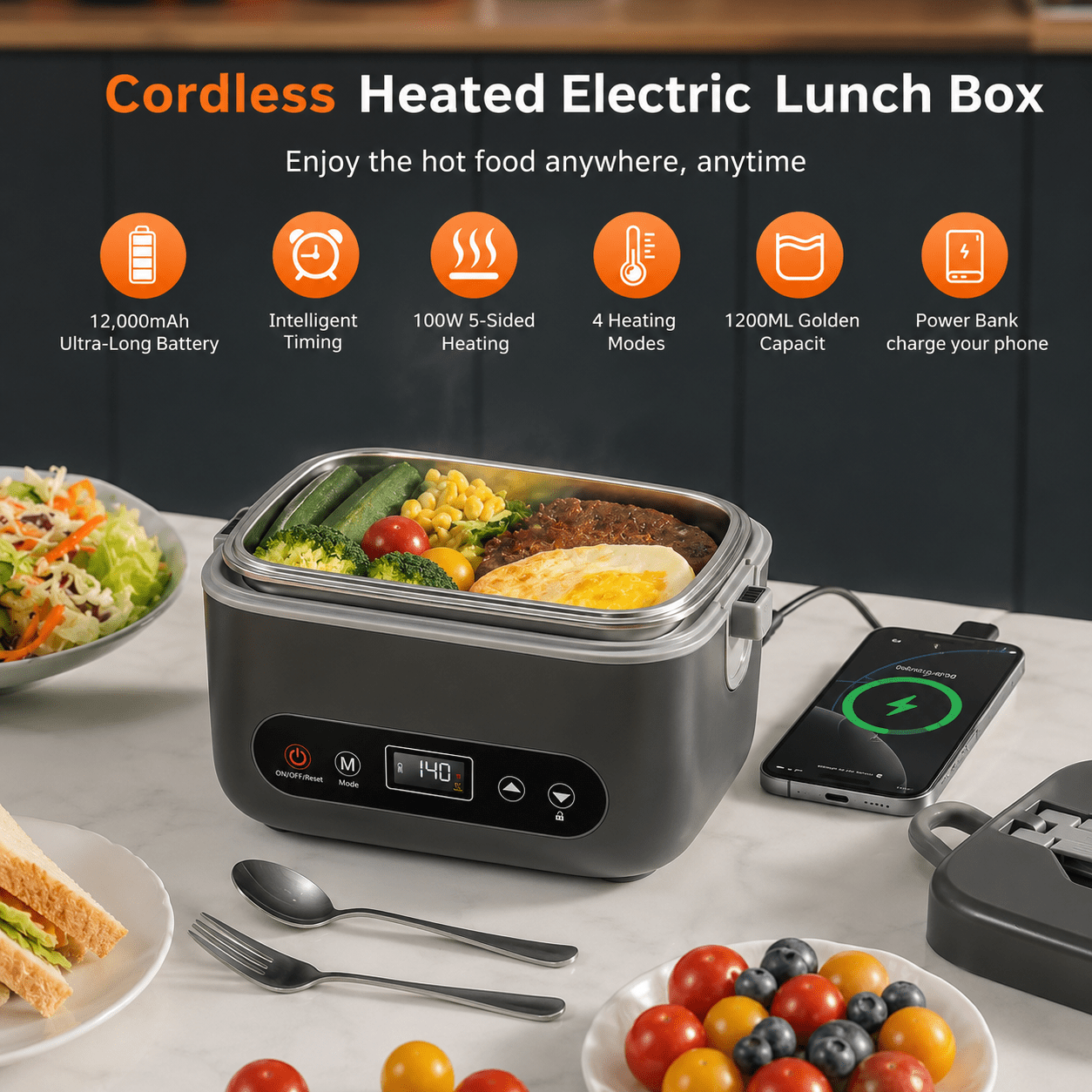 Cordless Heated Lunch Box - 1.2L Portable Food Warmer with Rechargeable Battery - CL Goodz